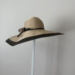 Callanan Designer OS Tan Black Sun Hat Floppy Straw Millinery Flower Beach